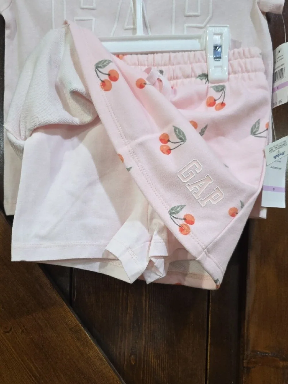 GAP Light Pink Tee with Coral Trim and Cherry Applique